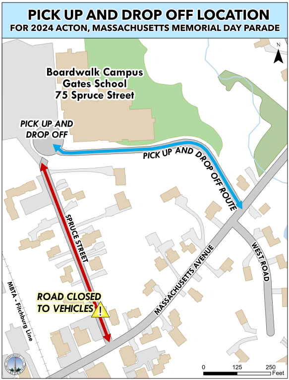 Parents (and others can drop off and pick up parade participants on the Boardwalk Campus driveway off Arlington Street (across from West Road). Note that Spruce Street is closed to vehicle traffic.
