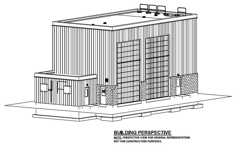 A line drawing (perspective view) of a large industrial-style building.