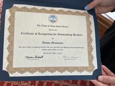 A picture of a certficate that says "Town of Acton Select Board Awards this Certificate of Recognition for Outstanding Bravery to Alison Mammola."