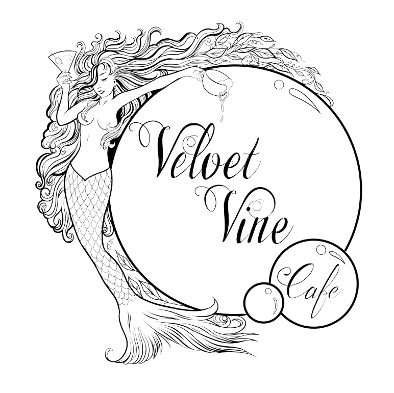 A line drawing of an unclad mermaid (with well-placed curls) leaning against a large bubble that contains the restaurant name.