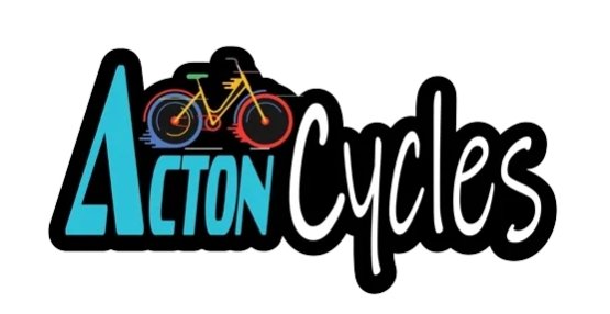 A multi-colored logo. Acton is bright blue, Cycles is black and white, and a little yellow bike with purple and red wheels completes the picture.