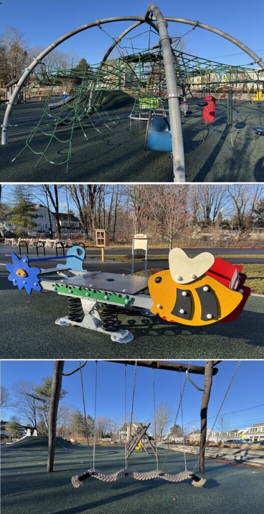 A three-part image: On the top a climbing structure with netting and places to sit. In the middle, a brightly colored seesaw with seats (and on springs). And on the bottom, is it a swing? A balance beam? Some kind of swingy thing hanging from wooden posts.