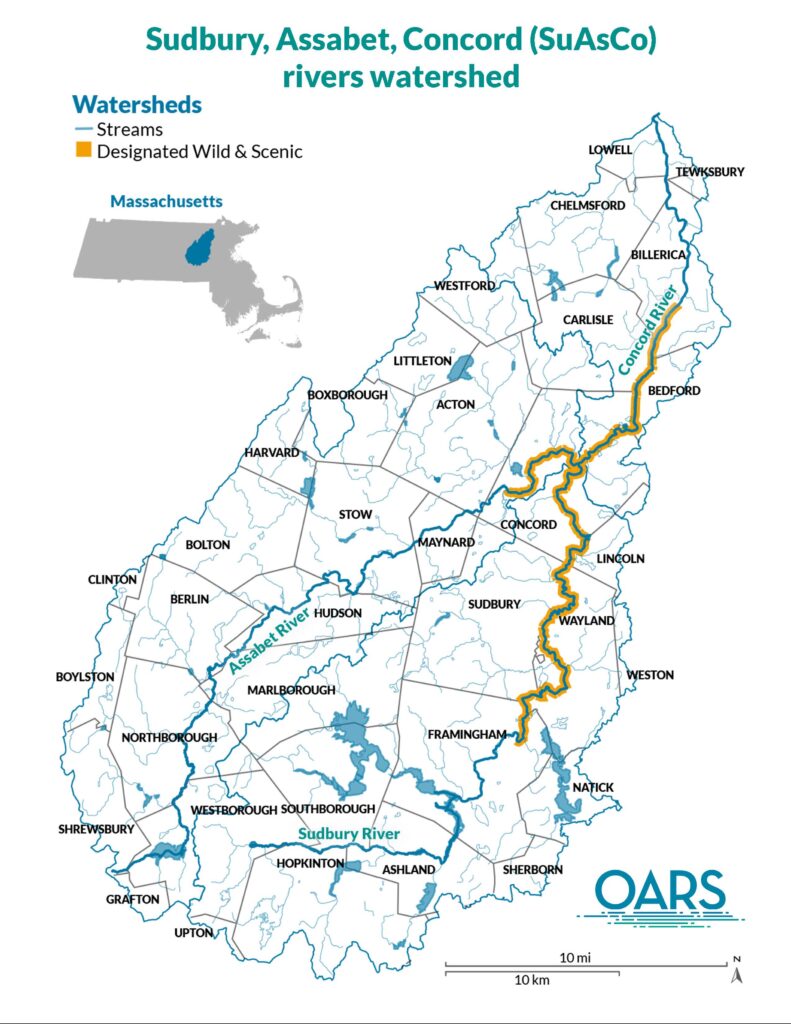 A map showing the area from Lowell to Upton and Clinton to Natick. The three rivers, Assebet, Concord, and Sudbury, are highlighted.