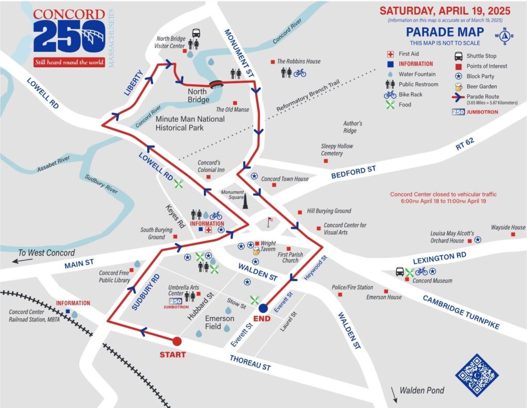 A map of downtown Concord shoing the parade route (and other important information, including porta-potty locations).
