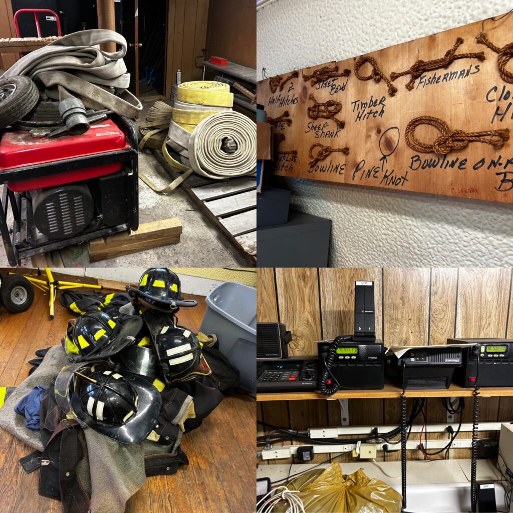 A composite photo of miscellaneous equipment including firefighter gear and a display of knots.