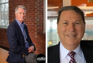 A composite photo of two men. The man on the left wears a sport jacket and is perched on a table. The man on the right is just a headshot of a smiling man wearing a tie.