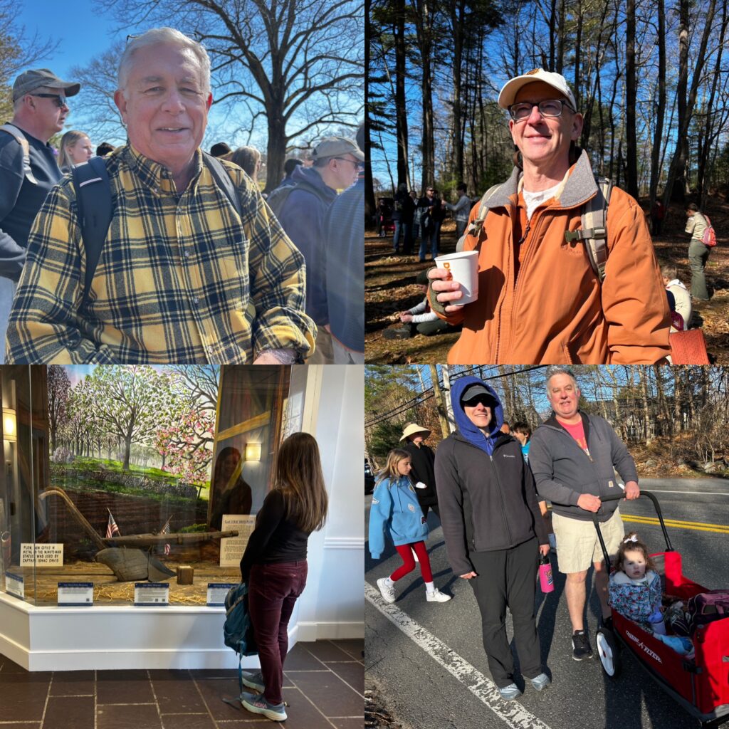 Clockwise from top: An older man in a yellow plaid shirt, a man in an orange jacket holding a cup of coffee, A couple pushing a red wagon that holds a small girl, a woman (from the back) looks at Isaac Davis' plow in Town Hall.