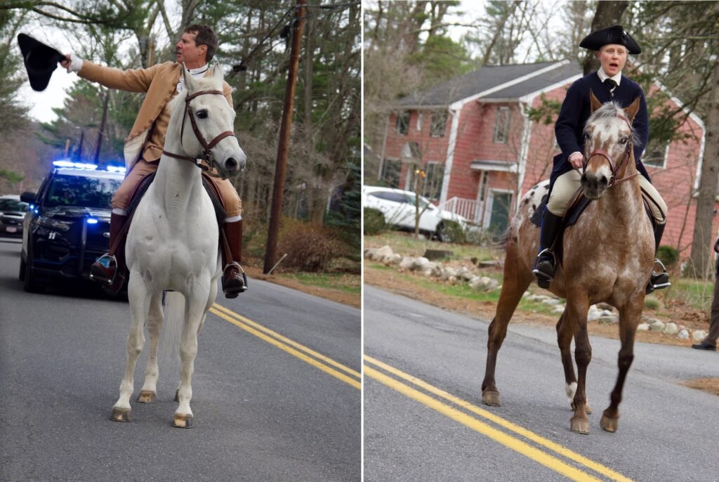 On the left, a man in colonial garb rides a white horse down the road. A police car with flashing lights is behind him. On the right a young woman (dressed as a boy) rides a dappled brown horse.