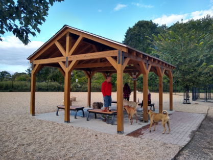 Pavilion has a roof supported by wooden beams, a concrete slab floor, several benches, and no walls. Several dogs and humans are under the pavilion.