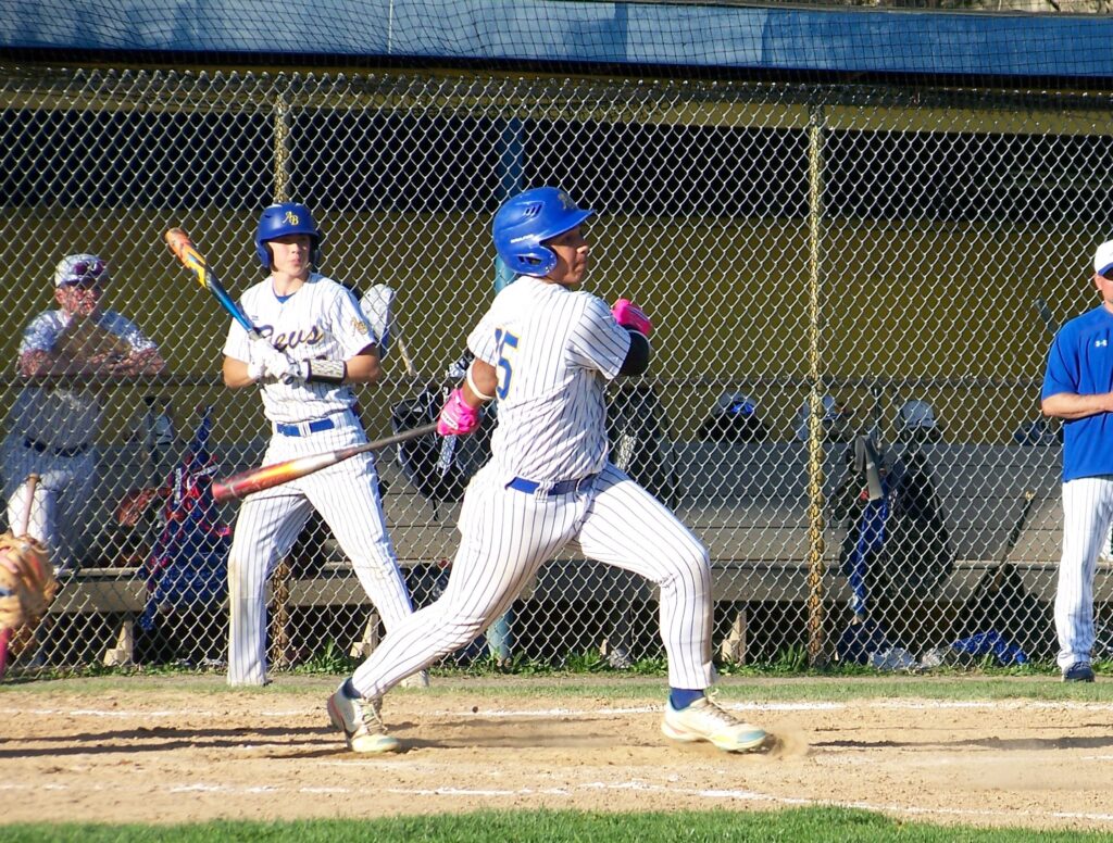 A Revs player gets ready to toss his bat down and start running.