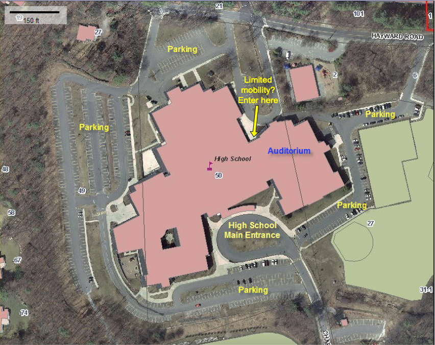 Map of ABRHS with the entrances highlighted.