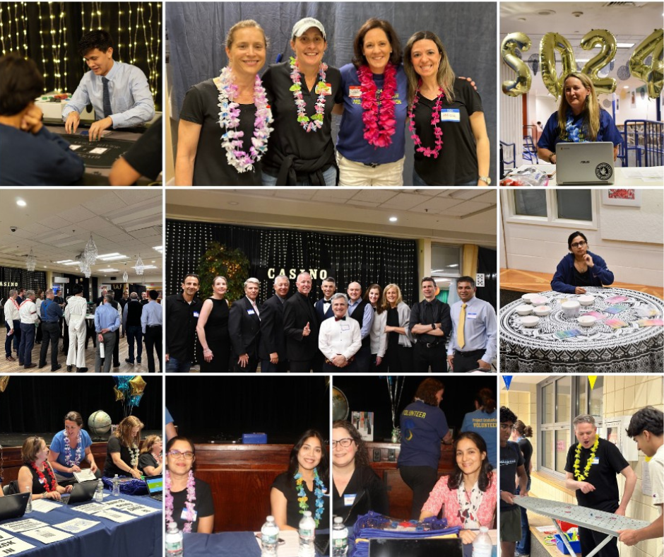 Collage of ten photos of adults in festive clothing and lai necklaces, hosting activity and game stations.