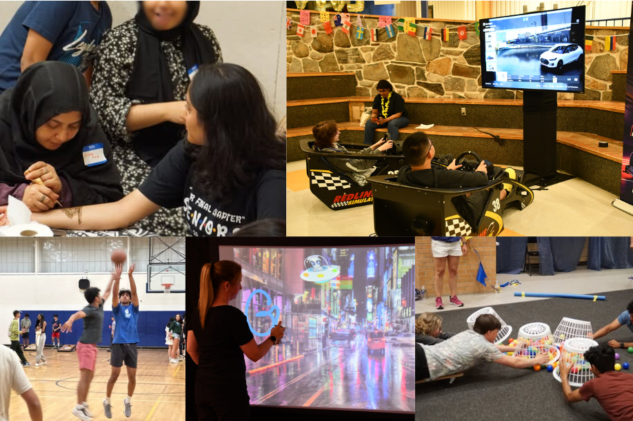 Collage of five photos of high school graduates doing activities: One girl draws a henna tattoo on another girl's arm; two kids play a driving game with consoles; kids play basketball in a gym; a girl draws with marker on a screen; kids lie on the floor playing a game with balls and little laundry baskets.