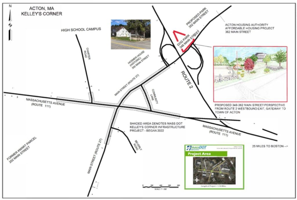 Map labeled "Acton, MA, Kelley's corner, showing an intersection where 3 main roads come together. A red triangle marks the location of the future dog park, just north of the intersection.