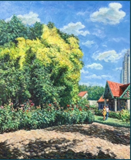 A painting that includes flowers, trees, a red roof in the background, and a blue sky with puffy clouds. There is interplay between light and shadow.