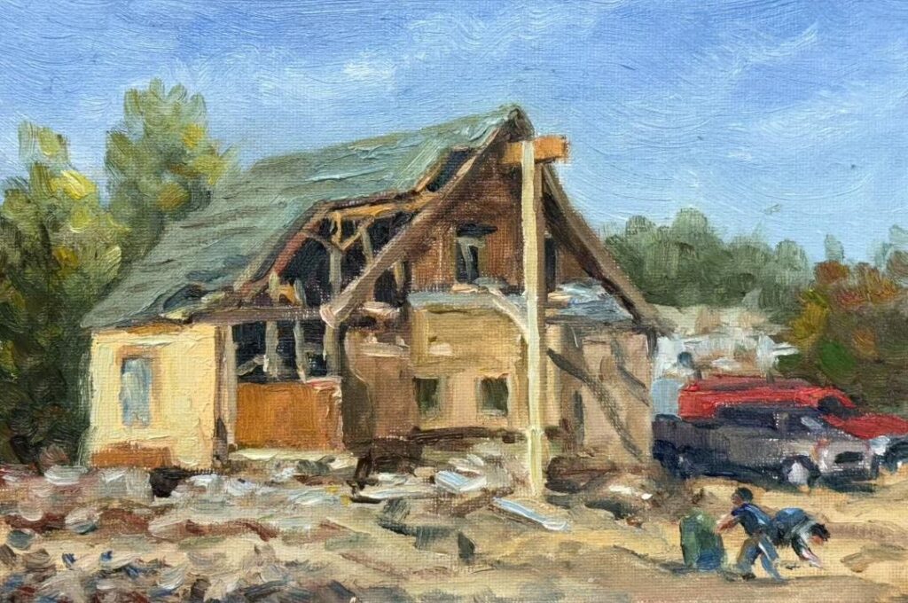 A painting of the yellow house near Town Hall. In the painting, the house is under construction.