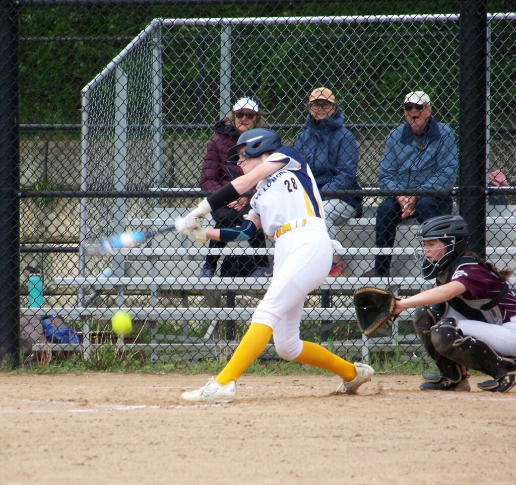 A Revs player hits the ball while parents look on in the background.