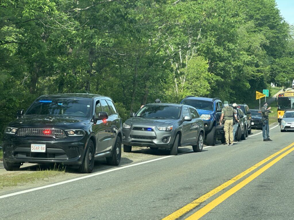 Unmarked cars are lined up on a street. One man, with his face covered and wearing a bullet-proof vest is directing traffic. Two other masked men are talking to a pulled over driver in a blue truck.