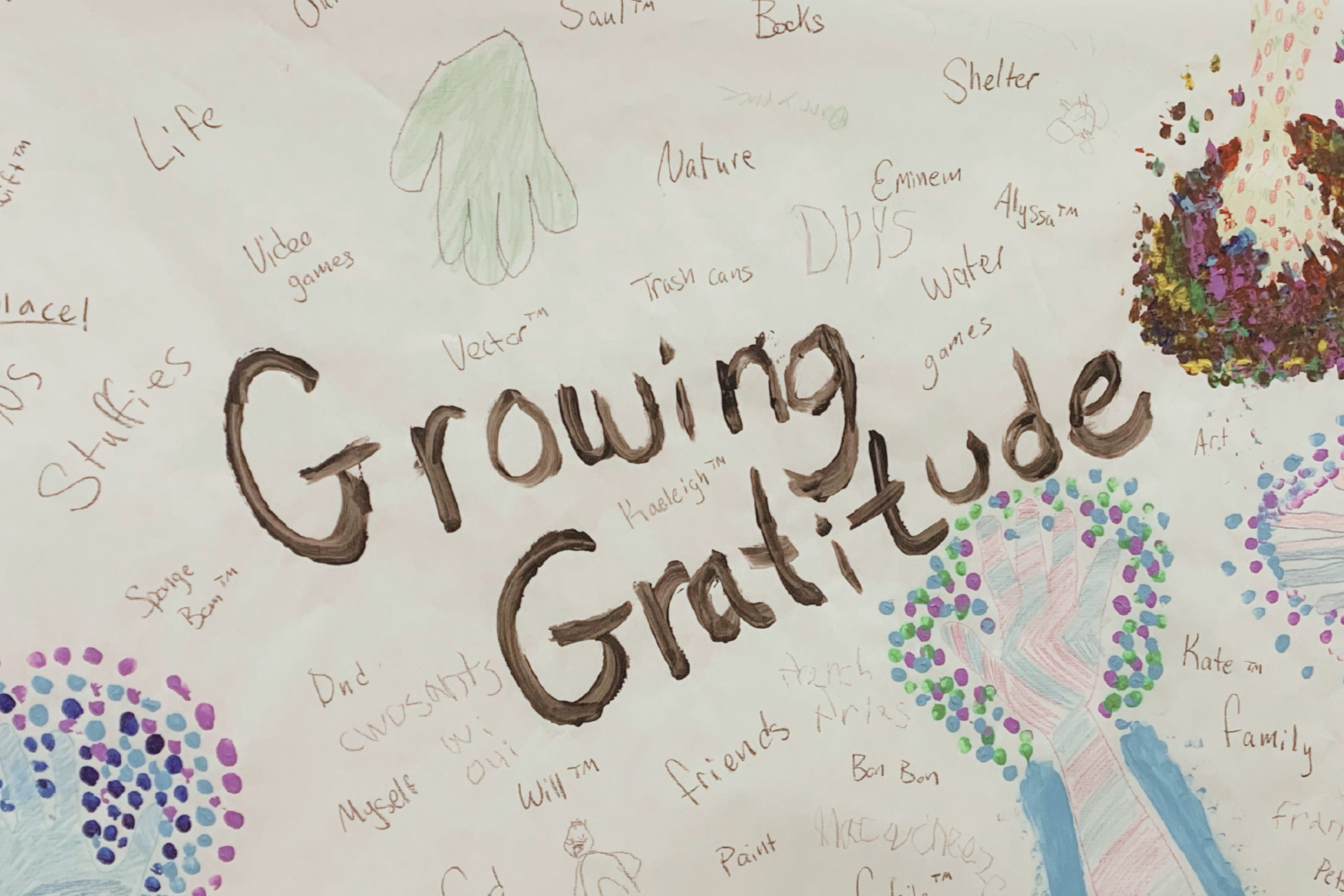 A hand painted poster that says "Growing Gratitude" in large letters. Paintings of hands are included along with a very wide variety words that express what the kids are grateful for.  Words include, friends, family, water, Alyssa, cwusamts (sic), stuffies, and nature.