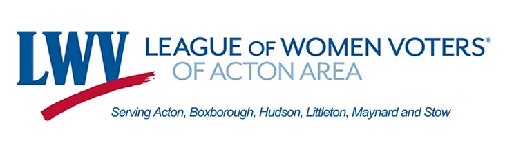 The blue and red LWV Acton Area logo states that this branch serves Acton, Boxborough, Hudson, Littleton, Maynard, and Stow.