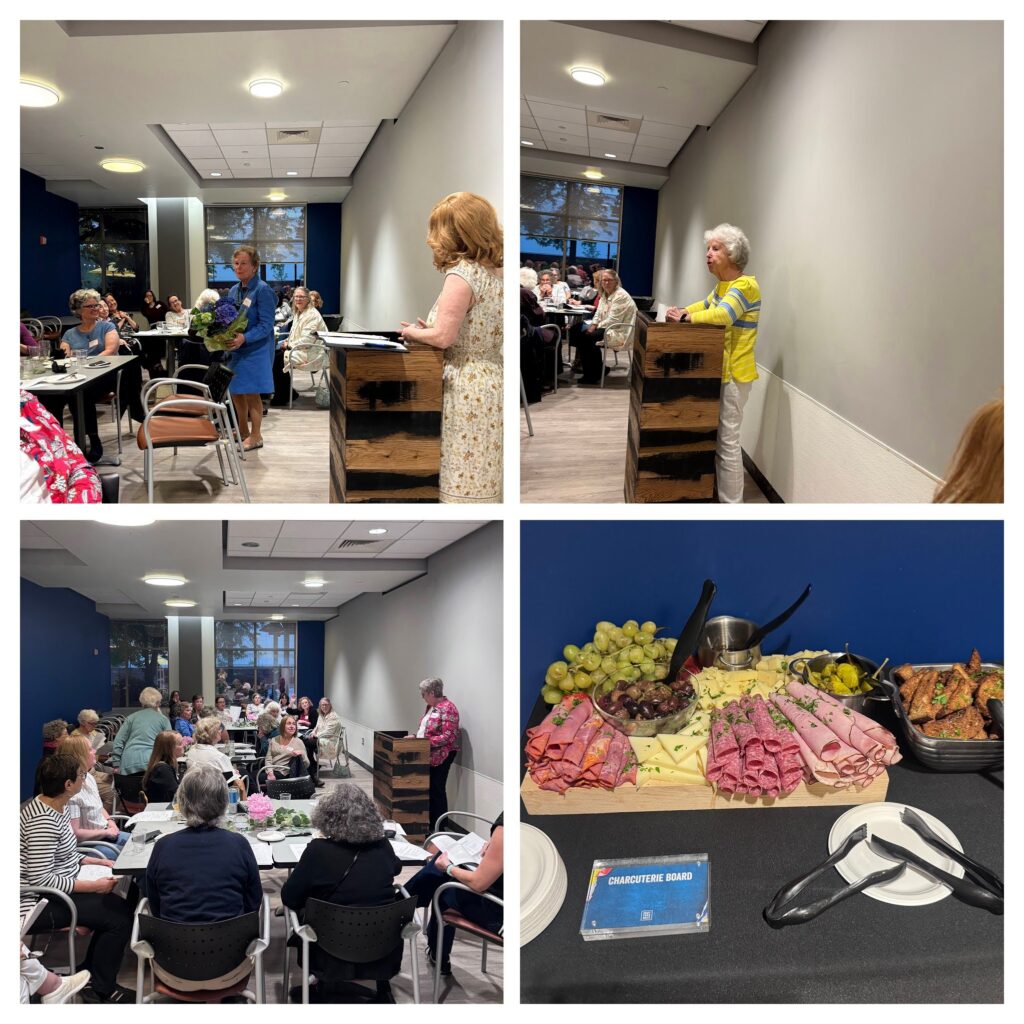 Three pictures of women speaking at the podium and one picture of a platter with meats, cheeses, olivse, and grapes.