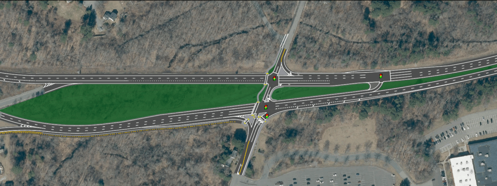 A drawing of the proposed new concept for the messy intersection on Rt 2 where Piper and Taylor meet and Rt 111 veers off to the left.