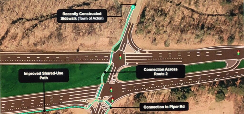 A graphic of the proposed mixed-use crosswalk to get across Rt 2 at Piper/Taylor. The upshot: It will take two light cycles to cross; one from Piper to a long median and a second from the median to Taylor (or vice versa).