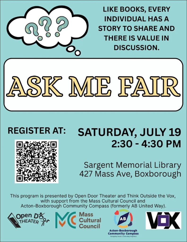 The Ask Me Fair flyer, which states: " Like books, every individual has a story to share and there is value in discussion." The flyer includes a QR code to a registration link for the event.