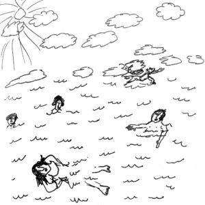 Simple line drawing of swimmers in a wavy lake, some just heads peeking out, some with feet or hands. Clouds in the background, and a sun at the top left.