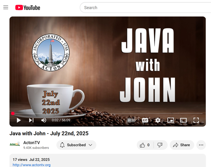 A screen capture of the Java with John monthly show. Java with John can be viewed live on ActonTV or later on the ActonTV YouTube channel.
