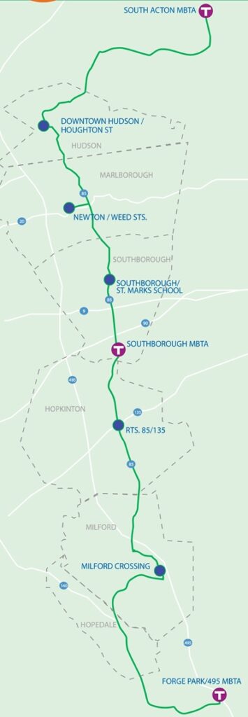 A map of the 495 Connector route that starts at the South Acton station and ends at the Forge Park/495 MBTA stations (on the Franklin/Foxboro line).