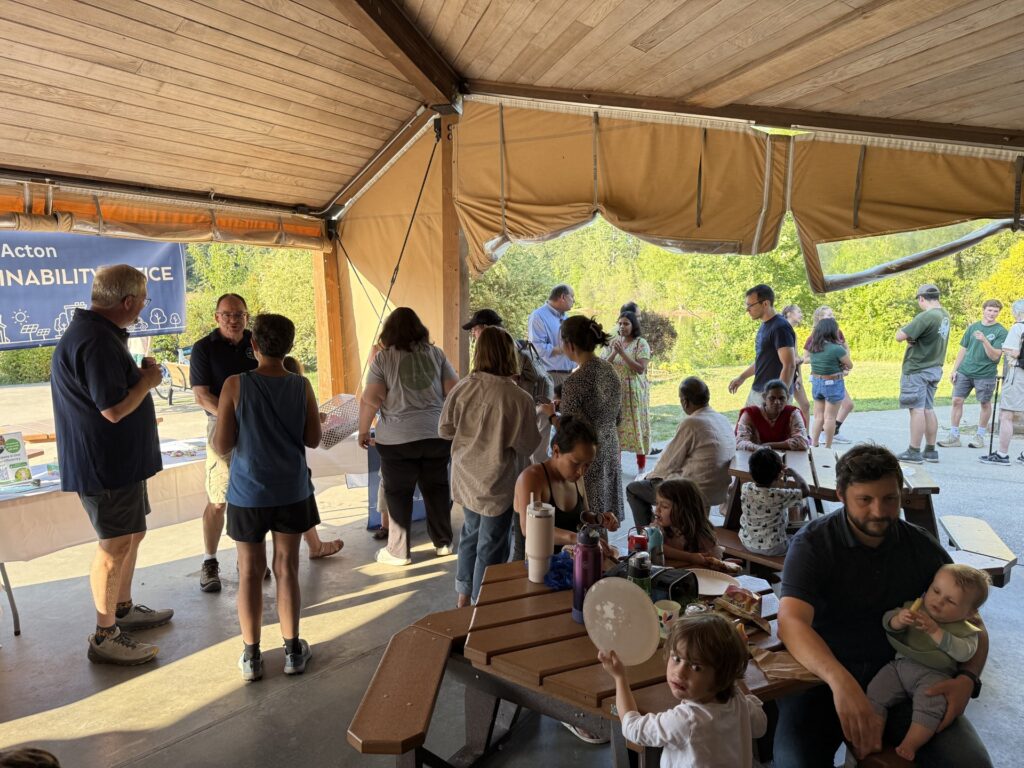 People walk around the picnic pavilion at NARA Park. In the background, Senator Eldridge chats with someone.