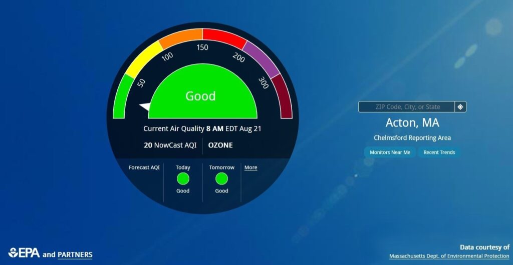 An online meter that provides air-quality information at a glance. On August 21, the meter shows as green, with an AQI of 20. On the right side, you can enter a zip code, city, or state to find current information for any area in the US.