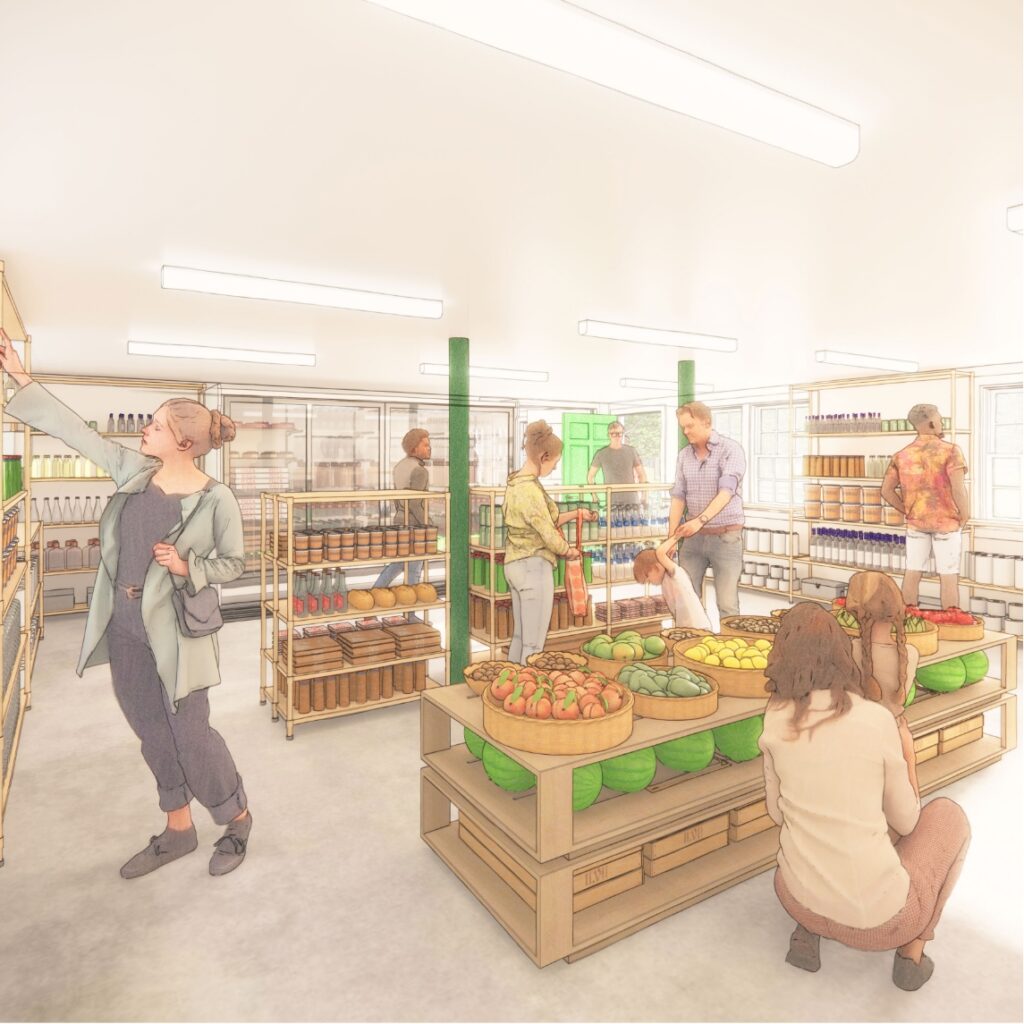 A drawing of what the inside of the Food Pantry might look like. In the foreground are baskets of fresh vegetables with a parent and child looking at them. Other people are walking around the store, where there is food on shelves and a refrigerated section in the back. It looks like a simple grocery store.