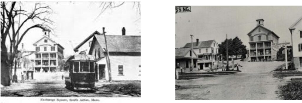 Two undated photos of Exchange Hall (a three story building built in the 1860s). In the photos the street up to Exchange Hall is not yet paved.