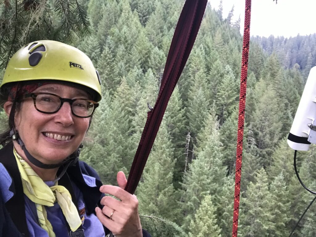A smiling woman with glasses and a climbing helmet holds on to ropes. In the background, a steep hill covered in fir trees.