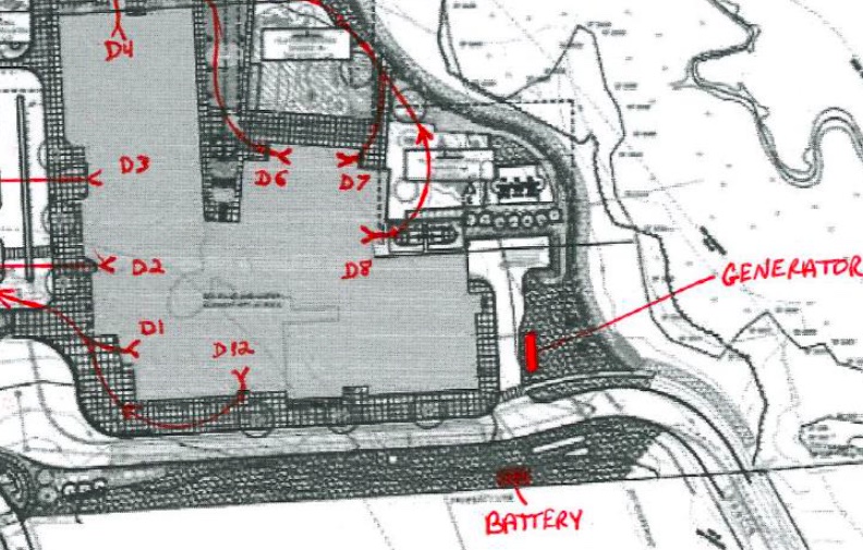 A map of the Boardwalk school campus with markings for the battery and generator.