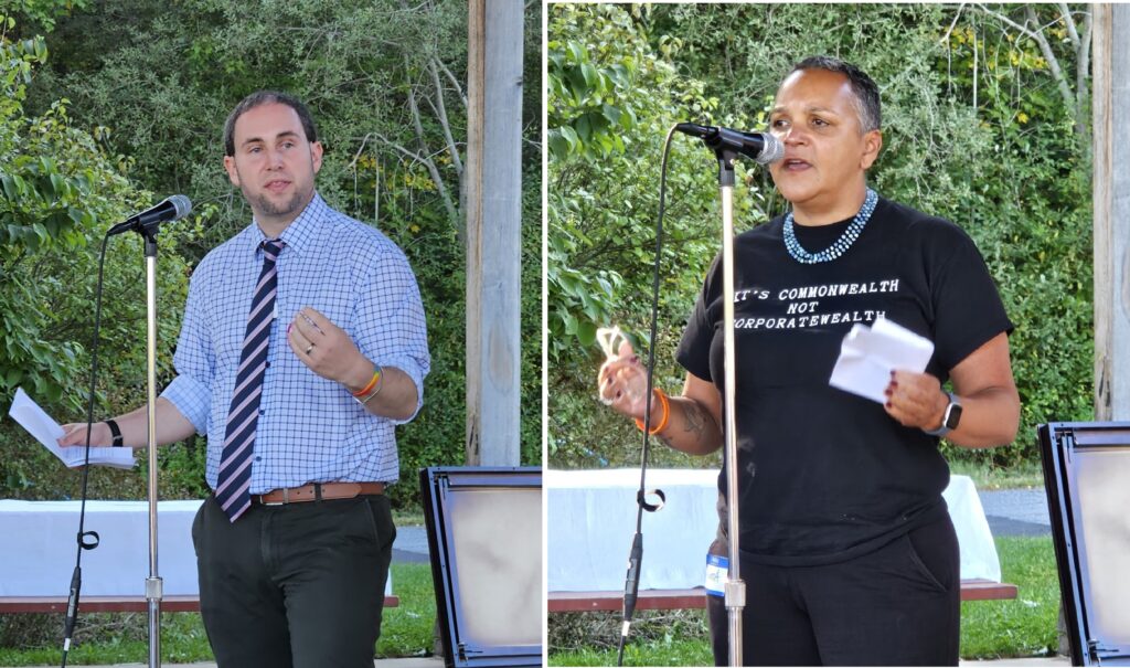 Two candidates: * Left, a balding man with a short beard. * Right, a Black woman with short graying hair wearing a t-shirt that says, "It's Commonwealth not Corporatewealth."