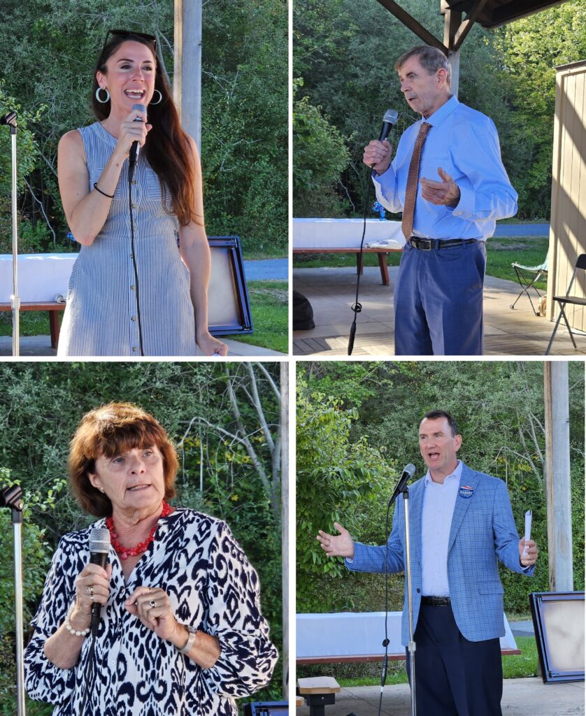 A composite image of four people speaking into a mic: clockwise from top right: * A smiling woman with long brown hair and a striped summer dress. * An older man wearing a buttondown shirt and tie. * A man wearing a sportcoat and a large Ed Markey button * A woman with shorter hair and bands wearing a black and white print dress
