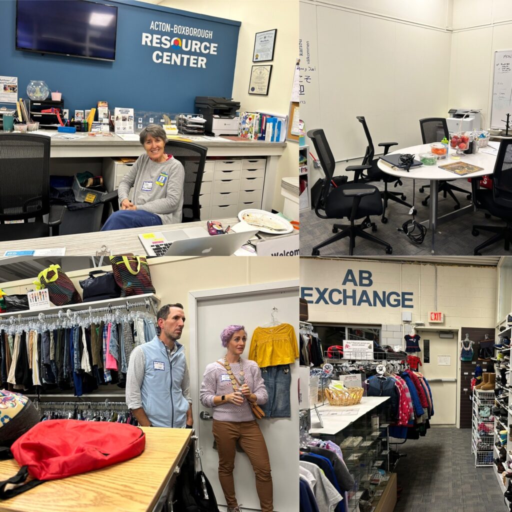 Four photos: * A smiling woman sits at a desk. * A conference room, set up with snacks. * A view of the clothing room, with racks of shoes against the wall and coats on a round rack. * Two people, one with pink hair, stand in front of neat racks of clothing that are ready for the taking.