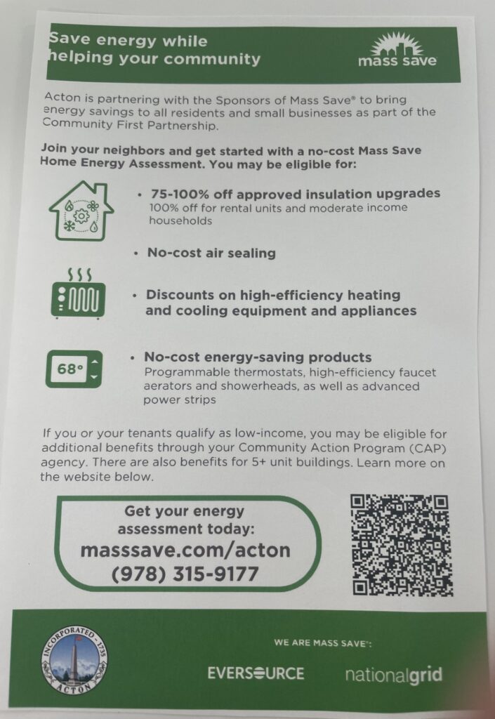 A paper with ways to save energy while helping your community. The page includes the Mass Save website (masssave.com/acton) and phone number (978-315-9177)