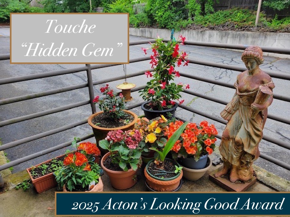A cheerful looking group of plants in pots, along with a small statue and a bird feeder hanging from the railing.