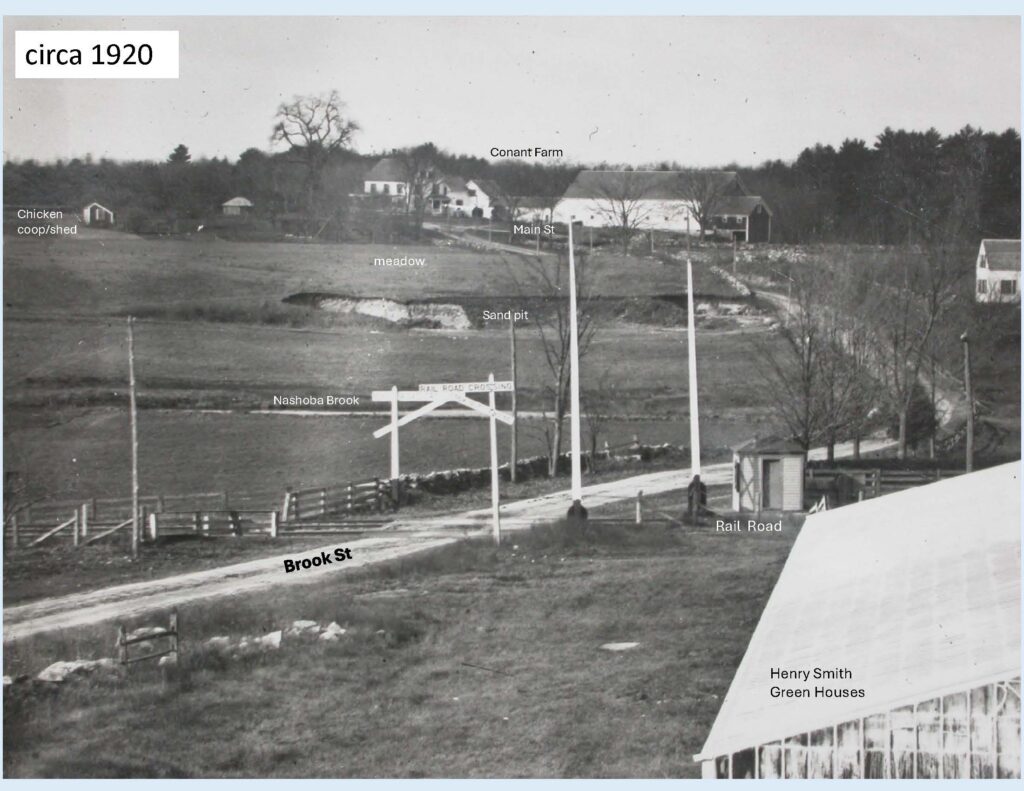 A photo from about 1920 that shows the property. The photo is marked so you can identify Brook Street, Main Street, the Conant farm, the old railroad, and other features. The photo shows that 100 years ago, the area was mostly still farmland.