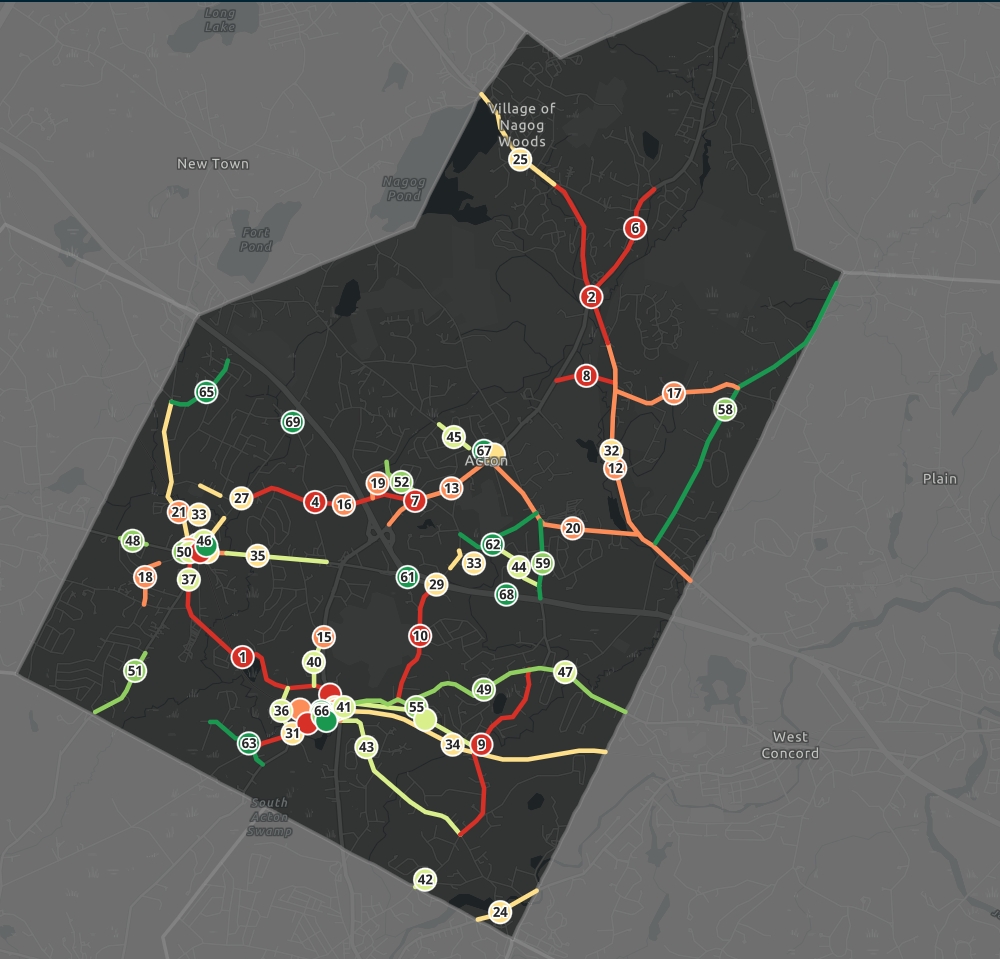 A map of Acton that just shows all of the desired Complete Streets changes. Since there are more than 65 priorities, this is a long-term project.