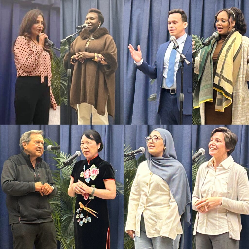 A composite of eight people, all standing in front of the microphone telling their stories.