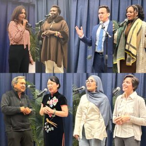 A composite of eight people, all standing in front of the microphone telling their stories.