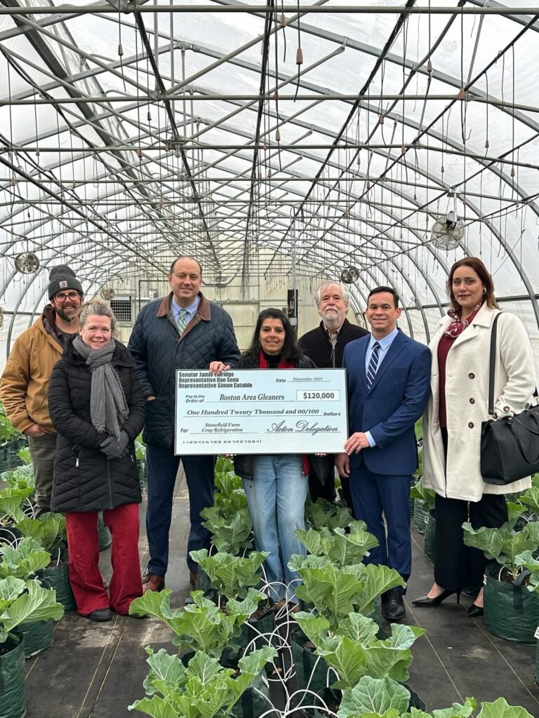 Several people stand in a greenhouse holding a very large (physically and in amount) check for $120,000 to Boston Gleaners. At their feet are pots full of collard greens.