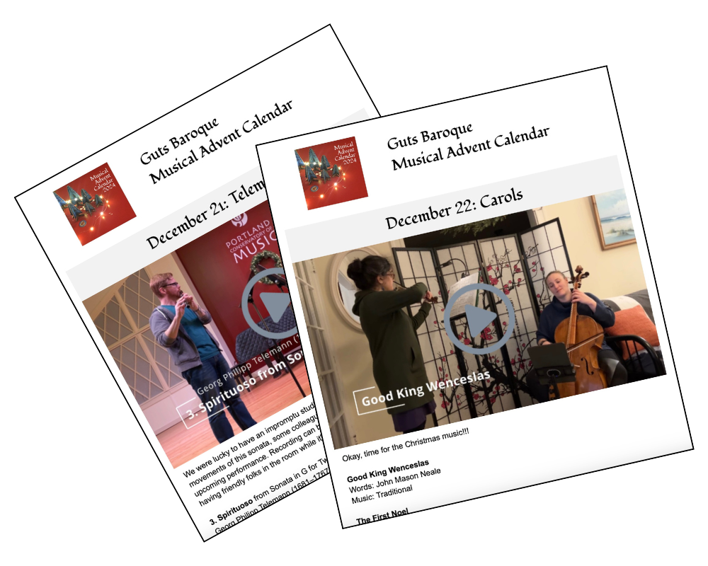 Two small pictures of musicians, both labeled "Guts Baroque Musical Advent Calendar."