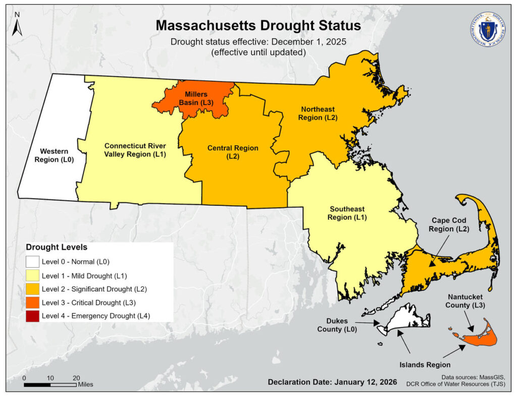 A map of Massachusetts showing the central and northeast regions of MA in Level 2 drought conditions.Other parts of the state range from Level 0 (no drought) to Level 3 (critical drought).