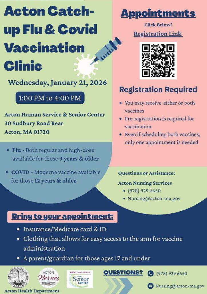 A poster with information about the Acton Nursing Service and COA COVID and flu clinic on Wednesday, January 21 from 1 - 4. To make an appointment, call 9780263-6650.